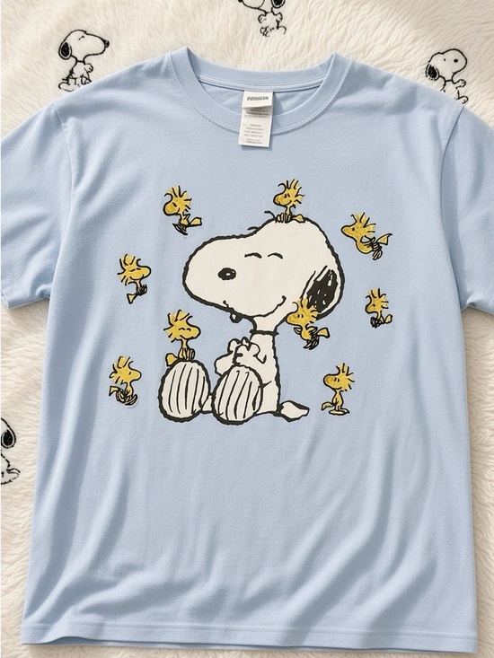 Peanuts Tops - Peanuts Light Blue Snoopy & Woodstock Short Sleeve Tee Size Small